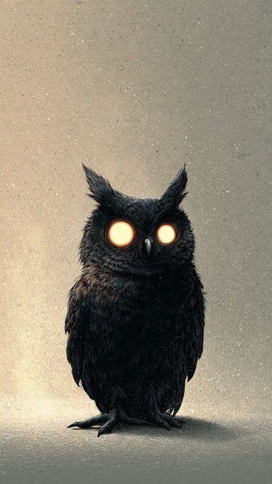 A dark fantasy illustration of a black owl with glowing yellow-orange eyes standing against a textured beige background.