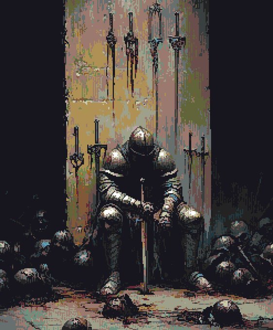 A lone knight in dark armor sits solemnly on a throne beneath a wall of swords, surrounded by scattered skulls in a pixel-art style, evoking themes of fallen warriors and aftermath. The image complements the post's announcement about 3,333 "Fallen" NFTs being sold out, symbolizing the completed journey and the dramatic reveal ahead.