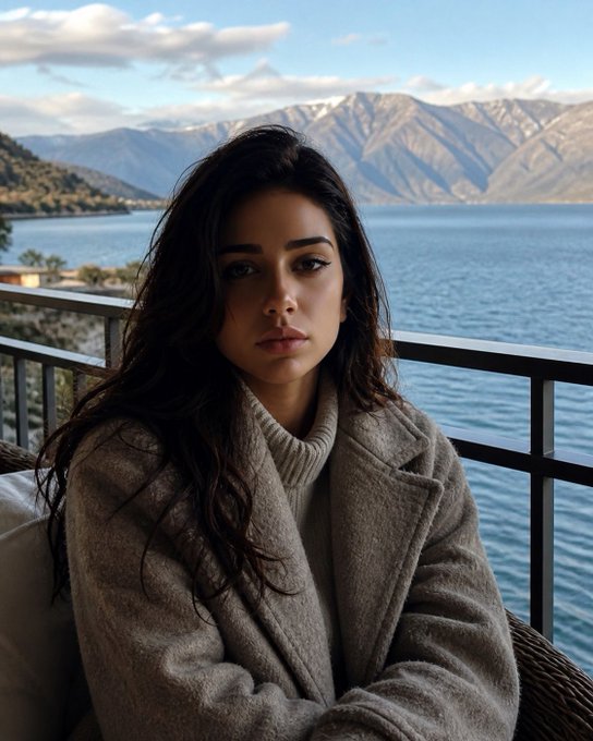 A young woman with long dark hair wearing a gray wool coat over a turtleneck sweater, posing on a balcony with a scenic lake and mountain range visible behind her.