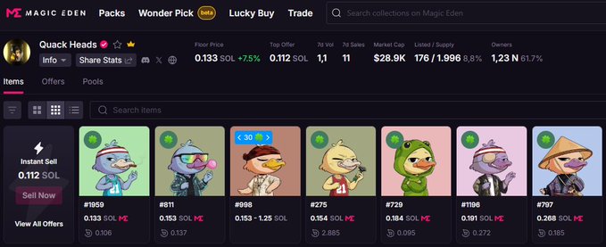 A Magic Eden NFT marketplace interface displays a collection of cartoon duck avatars called 'Quack Heads' with various listed prices in SOL.