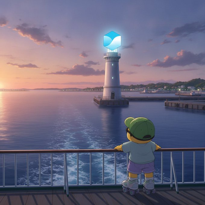 A digital illustration of a character on roller skates leaning against a railing, looking out at a lighthouse with a glowing blue cube on top during sunset.