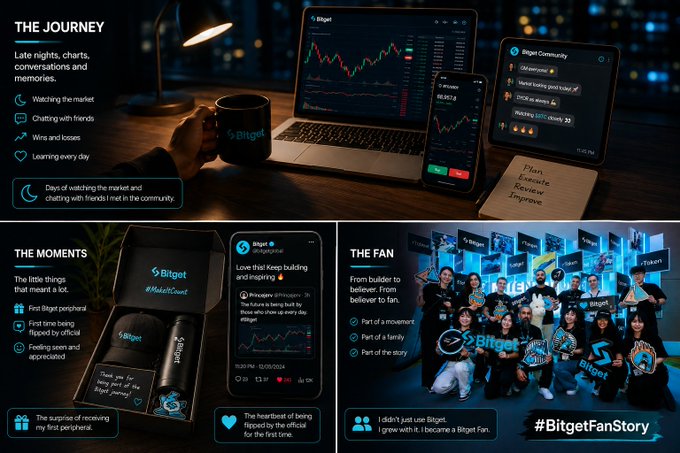 A promotional graphic for Bitget cryptocurrency exchange detailing 'THE JOURNEY', 'THE MOMENTS', and 'THE FAN' sections, highlighting features like peripheral gifts, market watching, and community events with the hashtag #BitgetFanStory.