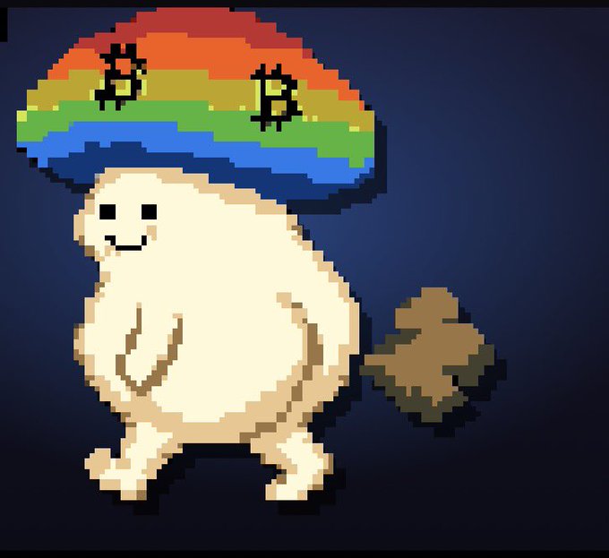 A pixel art character with a white body and a rainbow hat featuring Bitcoin logos, shown against a dark blue background.