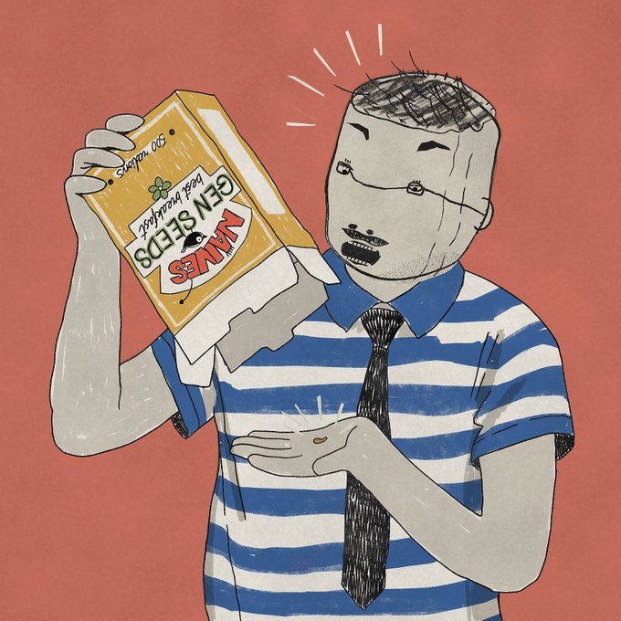 An illustration of a gray-skinned figure in a striped shirt and tie looking shocked as they pour 'GEN SEEDS' out of a yellow packet.