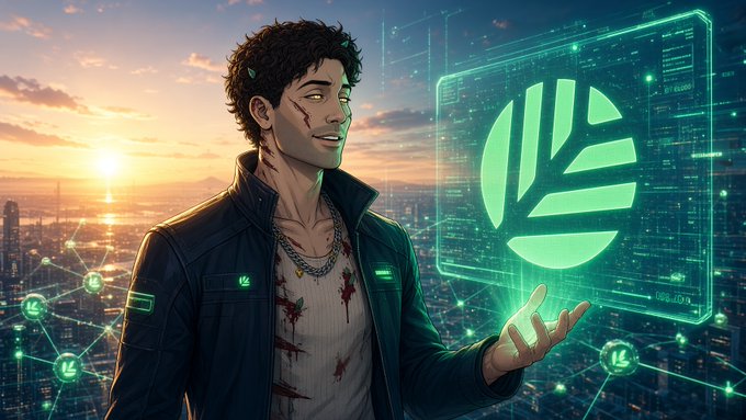 A man stands against a sunset cityscape, holding a glowing, holographic interface featuring the Canopy (@CNPYNetwork) logo. The image visually represents the concept of decentralized ownership and dedicated chains for every app, as described in the post.