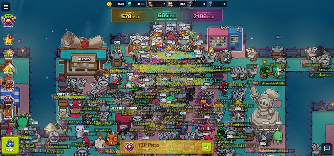 A screenshot of a chaotic 2D pixel-art idle game featuring numerous colorful characters, including pigs and cows, crowded together on a multi-tiered grassy map with text overlays like 'VIP Pass' and player names.