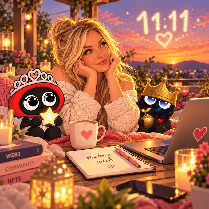 A stylized illustration of a woman at a sunset setting with '11:11' and a heart in the sky, accompanied by cute mascot characters, a notebook reading 'Make a wish', and books labeled 'WEB3', 'COMMUNITY', and 'NFTS'.