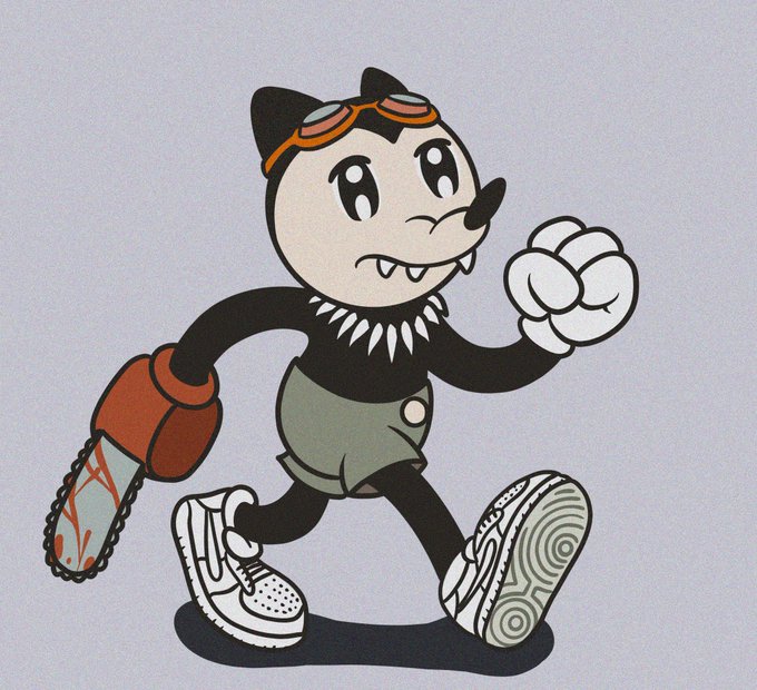 The image features a cartoon character, likely a mouse or a rat, wearing a black shirt with orange goggles and holding a chainsaw. The character appears to be walking towards something, possibly an event related to Frankys and Mories. The caption at the bottom of the image reads "I found Frankys and Mories @ badbadwtf events".