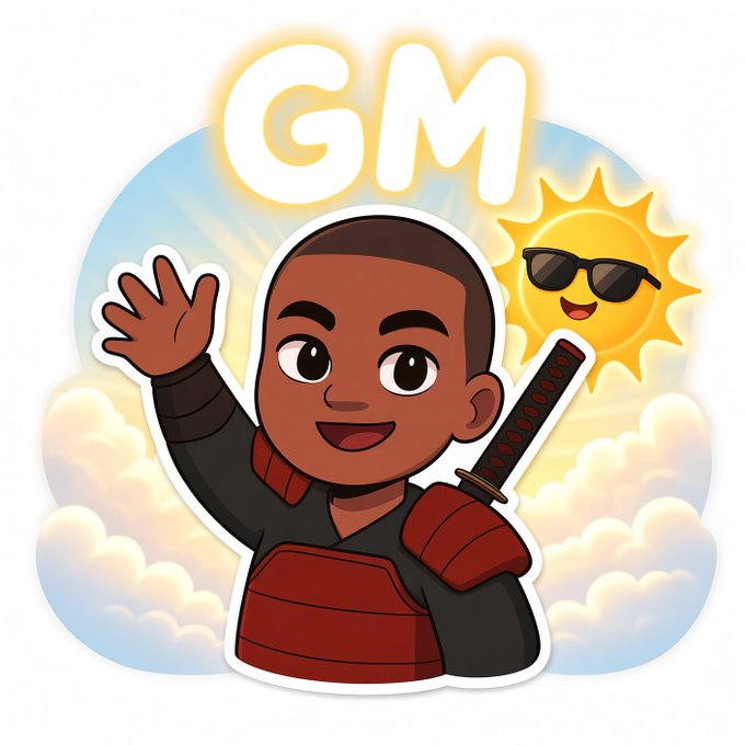 A sticker-style cartoon avatar of a smiling young person waving, wearing red and black samurai-style armor with a katana on their back, accompanied by a sunglasses-wearing smiling sun and clouds, with 'GM' displayed prominently at the top.