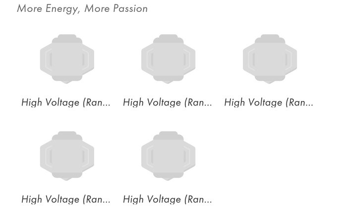 The image displays a section titled "More Energy, More Passion" featuring five gray placeholder boxes, each labeled "High Voltage (Ran..." underneath, indicating unloaded product or NFT thumbnails—likely from the STEPN app referenced in the post, where the user is complaining that these items are not properly appearing or syncing.