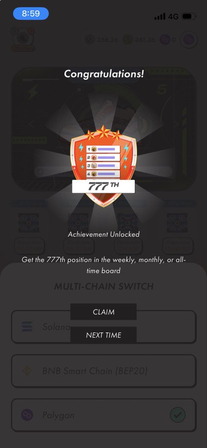 A mobile game screenshot showing a 'Congratulations!' achievement unlocked for 777th place, with a 'MULTI-CHAIN SWITCH' menu offering Solana, BNB Smart Chain (BEP20), and Polygon network options.