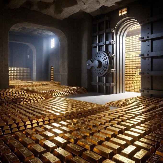 An AI-generated image of a massive vault filled with thousands of gold bars stacked on the floor and piled behind an open bank vault door.
