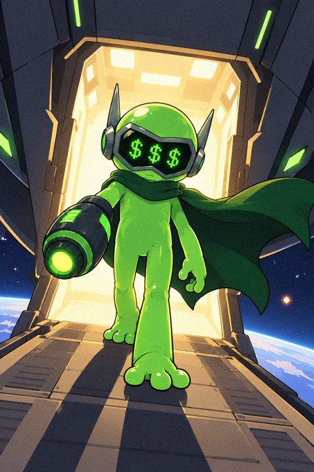 A stylized cartoon illustration of a green humanoid character in a spacesuit with dollar signs ($) on its visor, holding a glowing weapon in a sci-fi corridor with a planet visible through a window.