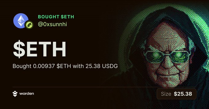 A digital receipt from 'warden' shows a purchase of '$ETH' with the transaction details 'Bought 0.00937 $ETH with 25.38 USDG' under the account '@0xsunnhi', next to a pixelated image of a man with glasses.