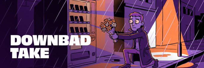 The image features a purple-hued, cartoon-style illustration of a disheveled man in a trench coat kneeling on a rainy street, desperately offering a bouquet of flowers toward a vending machine, with the bold text "DOWNBAD TAKE" prominently displayed on the left—visually capturing the post's theme of a man in a desperate, hopeless crypto "downbad" phase chasing an elusive airdrop.