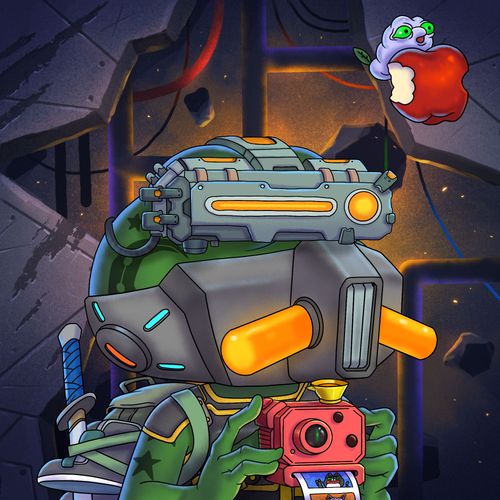 The image features a cartoon character wearing a helmet with a camera attached, holding an apple above its head. There are also two other characters present in the scene - one of them has a sword and appears to be a robot or a machine-like creature. The background shows a dark room filled with rubble, suggesting that this scene takes place in a post-apocalyptic setting.

The image is related to the post "got mine @PepeExplorers @TrystanNFT" as it features a cartoon character holding an apple and a camera, which could be interpreted as a reference to the popular video game series "Pepe Explorers". The presence of rubble in the background further supports this interpretation.