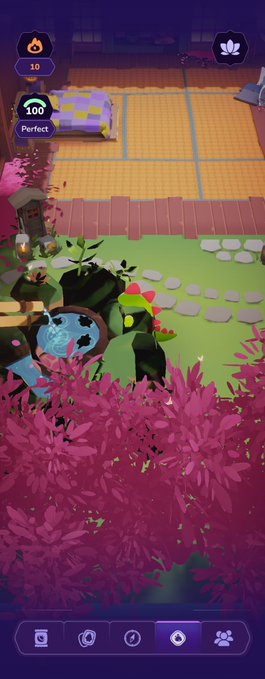 A mobile game screenshot showing a garden scene with a character near a water fountain, pink foliage, tatami mats, and HUD elements displaying "10" fire points, "100 Perfect" score, and various ability icons.