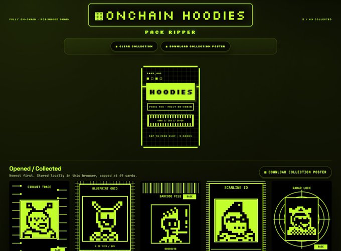 A digital NFT collection page titled 'ONCHAIN HOODIES - PACK RIPPER' with a neon green and black aesthetic, showing collected cards like 'Circuit Trace', 'Blueprint Grid', 'Barcode File', 'Scanline ID', and 'Radar Lock'.