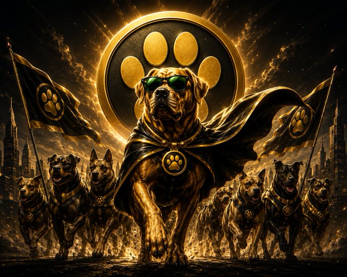 A golden, caped canine warrior wearing sunglasses stands at the forefront of a loyal pack, flanked by paw-print banners and an emblem glowing against a fiery sky—visualizing the "$DogAvenger" meme coin's rallying call for its holders to lead the market with strength and unity.