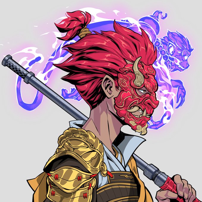 Anime-style illustration of a warrior with red hair, wearing a red demon mask and golden armor, carrying a sword on his back with a purple spirit figure behind him.