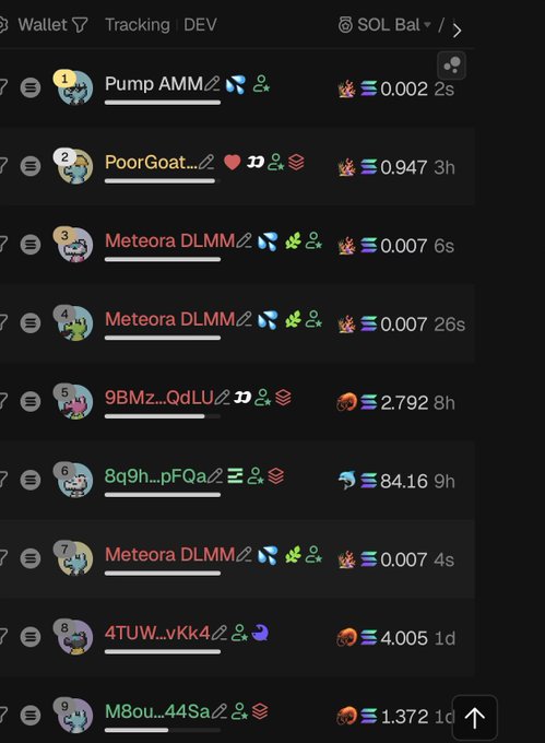 A Solana wallet tracking interface displays a list of token holdings, showing various meme coins like "PoorGoat," "Meteora DLMM," and others with small SOL balances (0.002 to 4.005 SOL) and recent transaction times. The post suggests these holdings represent victims of an attack, with the list of small-balance tokens likely illustrating wallets affected by the CATE exploit.
