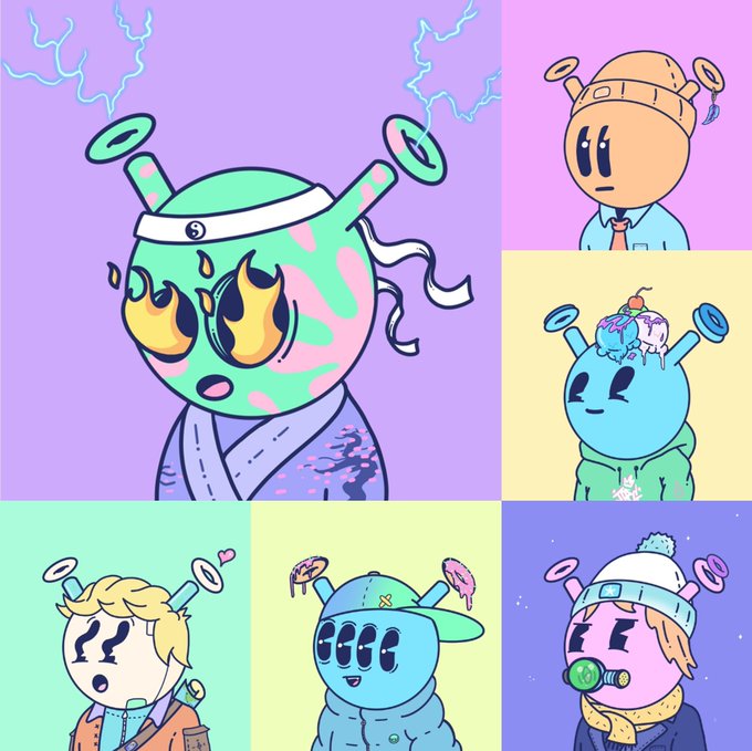 A colorful grid of six whimsical cartoon NFT characters from the Quirkies collection, each featuring unique designs like antennas, headbands, and playful expressions. The post "Return to @quirkiesnft" alongside "#nft #quirkies" tags suggests this is promotional art showcasing the variety of quirky alien-like characters in the Quirkies NFT project.