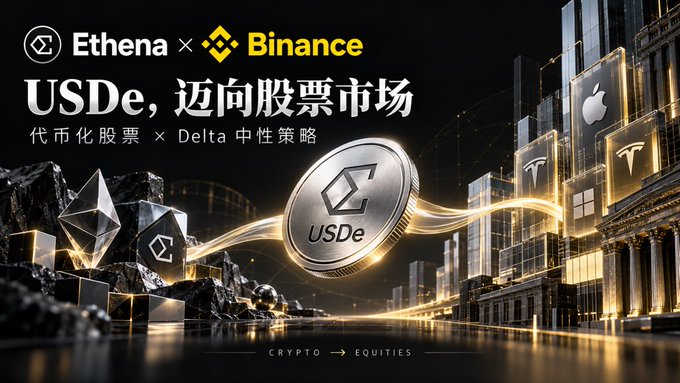 A promotional banner for 'Ethena x Binance' announcing 'USDe' for the stock market, featuring logos for Apple, Microsoft, and Tesla.