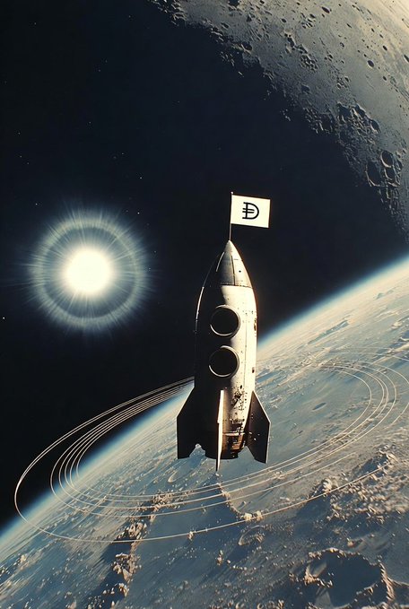 A digital artwork of a rocket launching from Earth with a flag on top bearing the letter 'D', set against a backdrop of the moon and sun.