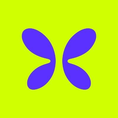 A simple graphic featuring two curved purple shapes resembling quotation marks or abstract wings against a bright green-yellow background.
