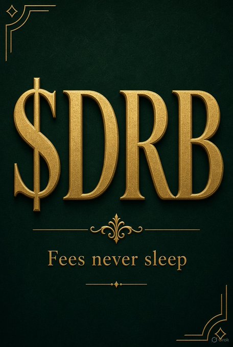 A dark green graphic displays gold text reading "$DRB" with the tagline "Fees never sleep," styled with ornate corner flourishes.