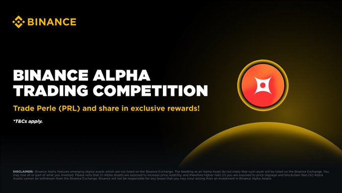 The image announces the "Binance Alpha Trading Competition" where users can "Trade Perle (PRL) and share in exclusive rewards!". This aligns with the post by promoting the trading competition and highlighting the PRL token.