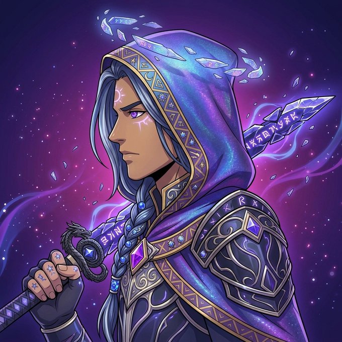 A hooded warrior with long silver hair, glowing purple eyes, and mystical runes etched into his armor and face holds a crystal staff against a starry cosmic background, embodying the magical "Runekai" NFT character referenced in the mint announcement.