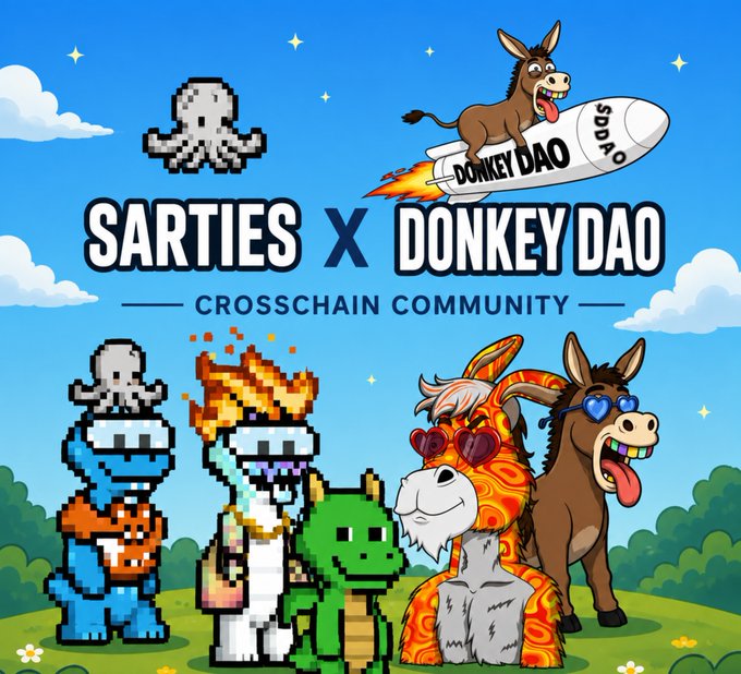 Sarties x Donkey DAO crosschain community collaboration featuring pixel art characters, a donkey riding a rocket, and a skull logo.