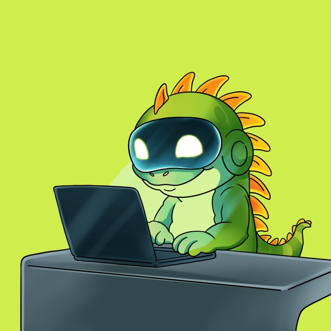 A cartoon green dinosaur wearing a glowing visor, typing on a laptop placed on a dark desk against a light green background.