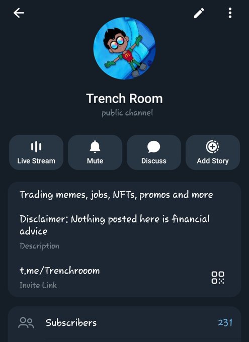 The image shows a Telegram channel called "Trench Room" with 231 subscribers, described as a public channel for "Trading memes, jobs, NFTs, promos and more" with a disclaimer that nothing posted is financial advice. This aligns with the post celebrating reaching 200 subscribers on TG, noting the channel is for trading memes, job hunting, NFTs, and promos.