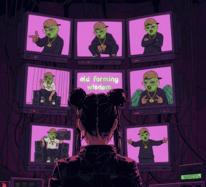 An anime-style digital artwork showing a figure from behind looking at six CRT monitors displaying a green, sunglasses-wearing character in various poses, with the text 'old farming wisdom' on the central screen.