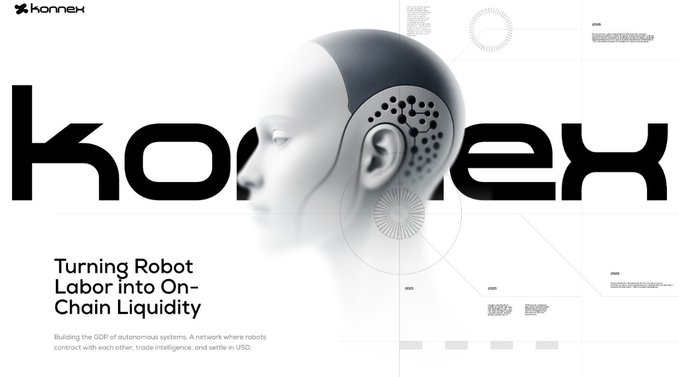 Konnex branding image featuring a humanoid robot head silhouette overlapping the stylized 'konnex' wordmark, with the tagline 'Turning Robot Labor into On-Chain Liquidity' and a description about building the GDP of autonomous systems.