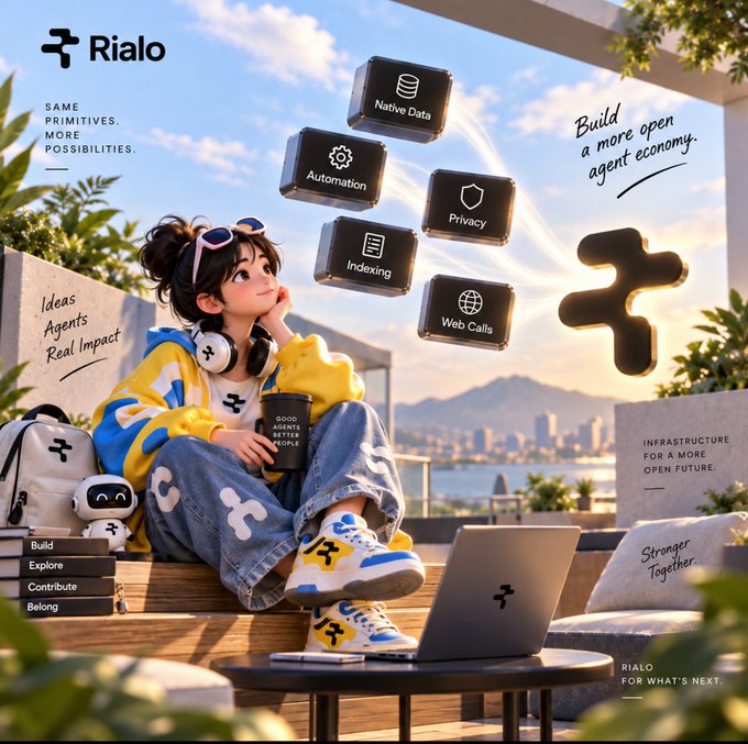 A promotional graphic for 'Rialo' featuring a stylized anime-style girl with cubes labeled Native Data, Automation, Privacy, Indexing, and Web Calls, with the tagline 'Build a more open agent economy.'