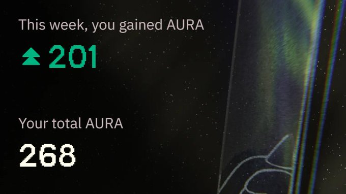 A dark screen with pixelated text reading 'This week, you gained AURA' with an upward arrow and '201', and 'Your total AURA' showing '268'.