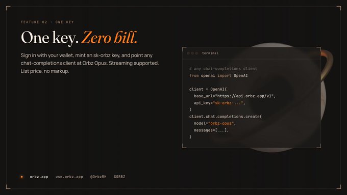 A dark promotional graphic for 'orbz.app' featuring the headline 'One key. Zero bill.' with a terminal code snippet showing Python code using OpenAI client configuration.
