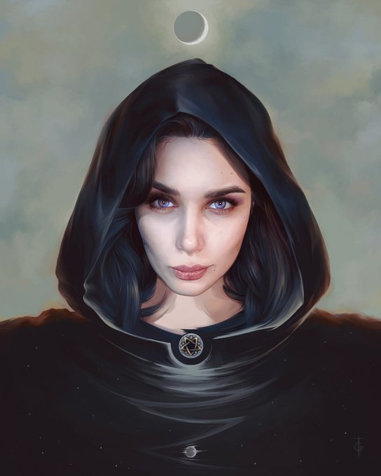 A digital painting depicting a hooded figure with a pentagram clasp, with a solar eclipse visible in the sky above.