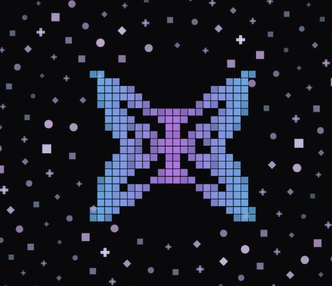 A pixel art rendering of a butterfly-like geometric logo in blue and purple squares on a black background, surrounded by small purple and blue geometric shapes resembling stars and dots.