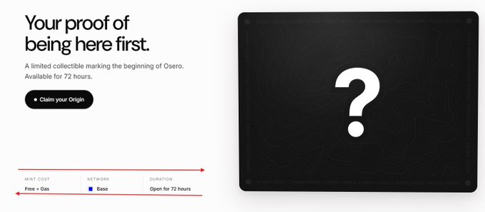 Promotional graphic with text "Your proof of being here first." advertising a limited collectible marking the beginning of Osero, available for 72 hours, featuring a black card with a question mark.