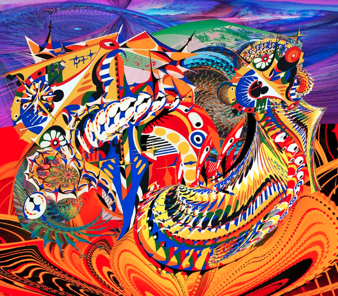 A vibrant, chaotic abstract digital painting bursts with swirling patterns, bold colors, and distorted shapes in red, orange, blue, and yellow.