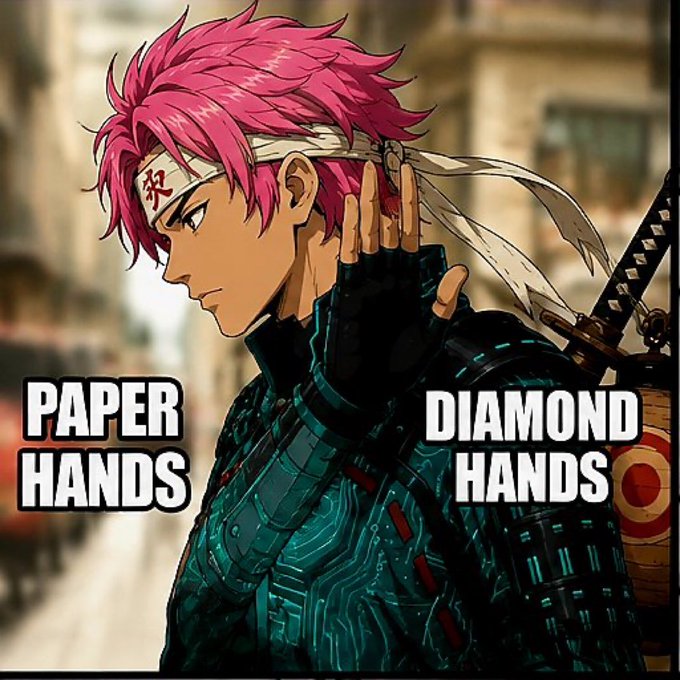 Anime character with pink hair and a headband stands in profile, featuring the text "PAPER HANDS" on the left and "DIAMOND HANDS" on the right, serving as a meme reference to crypto/NFT community slang about holding versus selling—fitting the Loom Of Legends NFT giveaway context promoting diamond hands mentality.