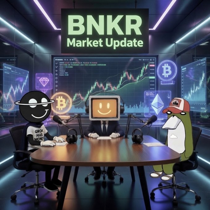 The image features a cartoon scene of three cartoon characters sitting around a table with microphones, appearing to be engaged in a conversation or presentation related to the Bnkr market update. The characters include a man wearing a suit, another man dressed as a penguin, and a third man wearing a hat. They are all seated on chairs placed around the table, which is positioned against a wall adorned with various screens displaying information about the Bnkr market.