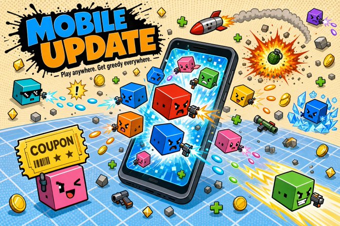 The image features an advertisement for a video game that takes place in a cubed world filled with small colored cubes, including all different colors of the rainbow - red, orange, yellow, green, blue, and purple. The main focus of the scene is a cell phone displaying the game interface and surrounded by these colorful cubes.

The text "Mobile Update" appears at the top of the image, indicating that the mobile version of the game has been released for updates or patches. This is indicated by the phrase "play anywhere, get greener everywhere", suggesting that the game can be played on a variety of devices and locations. The post also mentions "coupons" as a promotional offer for players to save money while enjoying the mobile version of the game.

Overall, it appears to be an advertisement showcasing the updated mobile version of the popular video game with various colors and characters within its gaming environment.