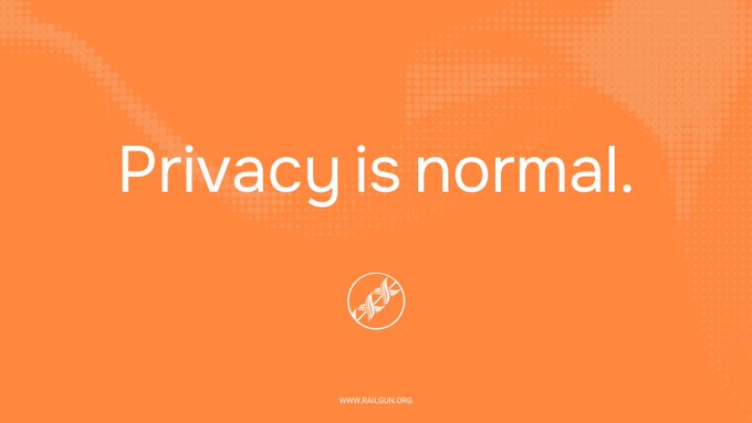 A promotional graphic with an orange background displays the slogan "Privacy is normal." in large white text, accompanied by a circular icon featuring a crossed-out surveillance camera and the website "www.railgun.org" at the bottom.