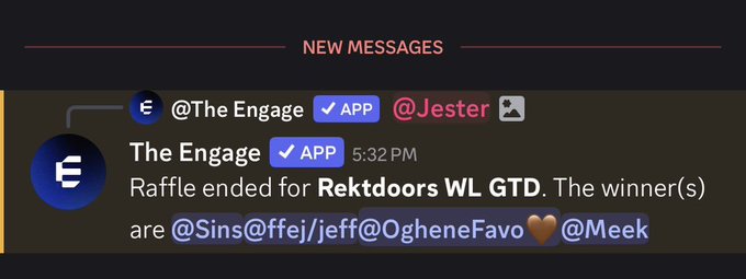 A message from "The Engage" app announces the raffle winners for "Rektdoors WL GTD," listing @Sins, @ffej/jeff, @OgheneFavo, and @Meek as recipients of the guaranteed whitelist spots for the upcoming Rektdoors mint referenced in the post.