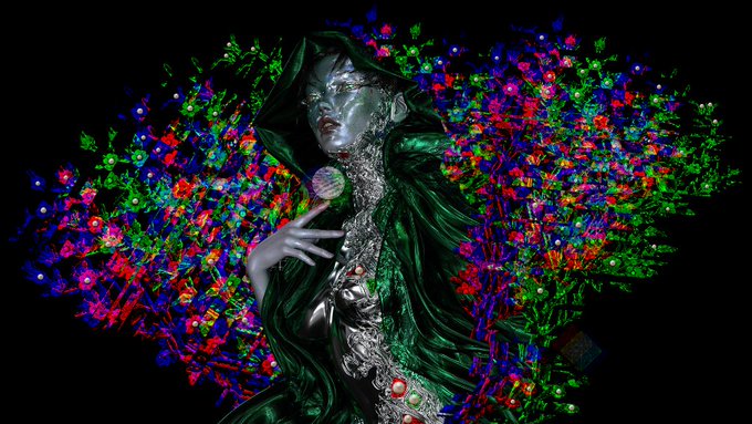 A dark fantasy digital artwork featuring a hooded figure with metallic silver skin and an ornate lace collar, holding a sphere, surrounded by vibrant multicolored flowers against a black background.